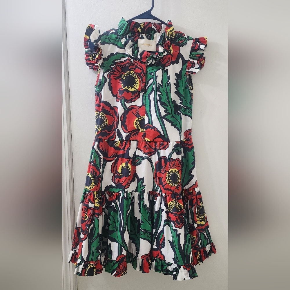 Floral Ruffle Dress - Red and Green, Size Small,‎ Without A Belt.